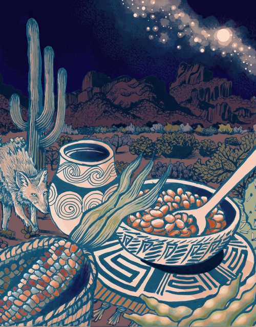 An illustration of traditional Tohono O’odham Nation foods in the desert.